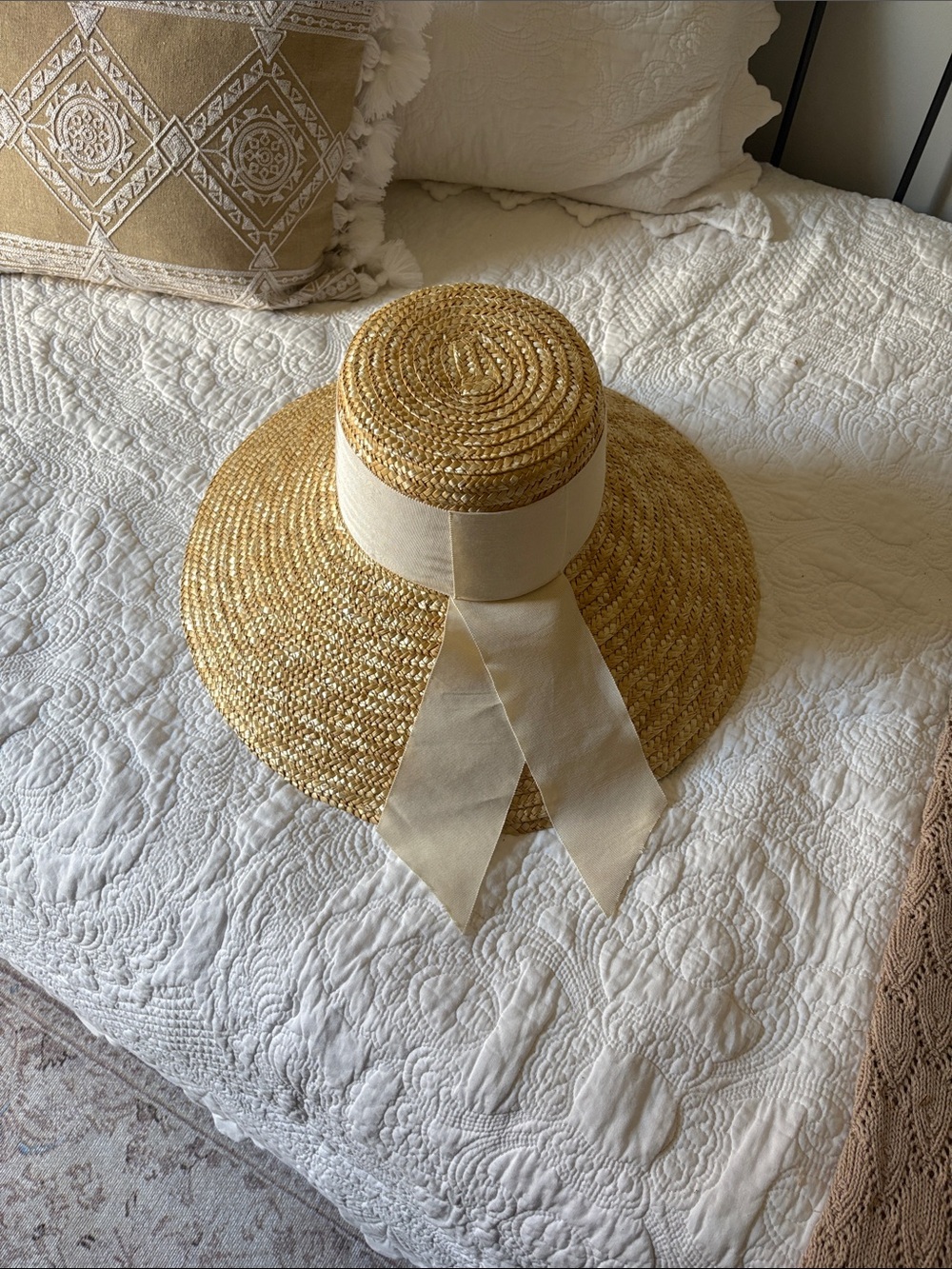 Eugenia Kim Natural Straw Wide-Brim Hat with Cream Ribbon
